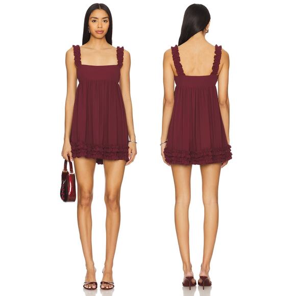MAJORELLE Dresses & Skirts - MAJORELLE Chandra Mini Dress Ruffle Trim Party Evening Babydoll Oxblood XS
